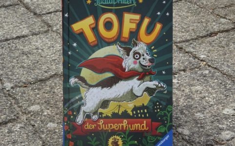 Das Buch "Tofu, der Superhund" steht auf Pflastersteinen.